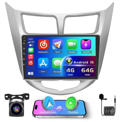 Inefala 8-Core 4+64G Android 15 Car Stereo Upgrade Radio for Hyundai Verna Accent Solaris 2010-2016, 9'' HD Touch Screen with Wireless CarPlay & Android Auto, AHD Backup Camera, Mirror Link, GPS Navi