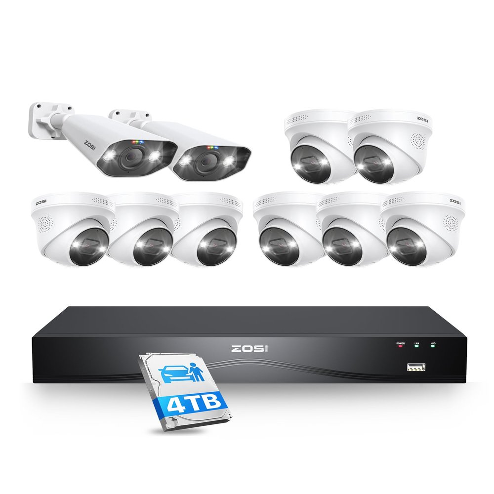 ZOSI 24CH 4K PoE Security Camera System,Face/Person/Vehicle Detection,10pcs 4K Outdoor PoE Dome Bullet Cameras,2 Way Audio,Night Vision,16 Port 24CH 8MP Dual-Disk NVR with 4TB HDD for 24/7 Recording