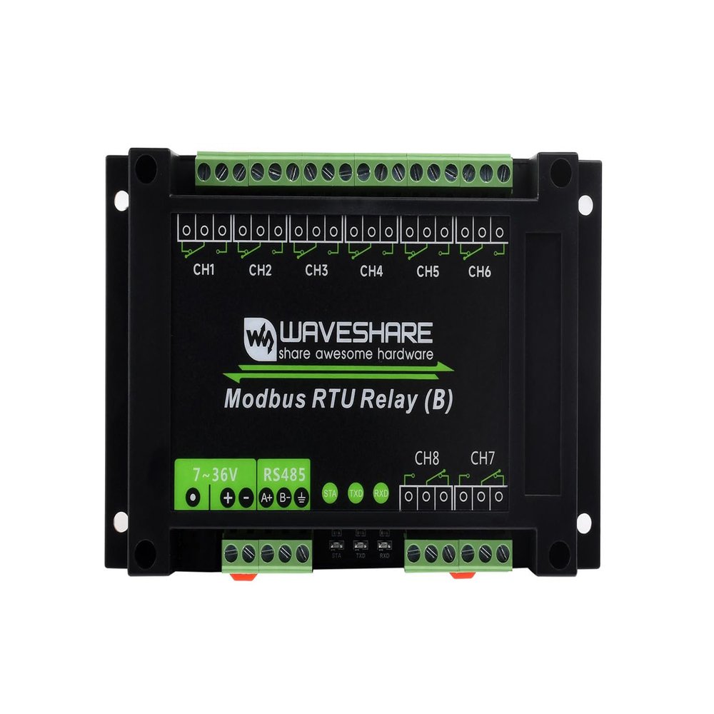 Waveshare Industrial Modbus RTU 8-Ch Relay Module (B) with RS485 Interface, Multi Isolation Protection Circuits, 7~36V Power Supply