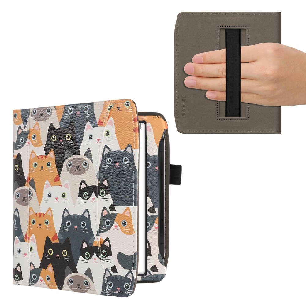 kwmobile Case Compatible with Pocketbook Era/Era Color - PU Leather Cover with Magnetic Closure, Strap, Front Pocket - Cats Orange/Black/White