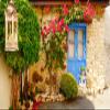 BELECO 15x10ft Fabric Greek Stone House Backdrop Greece Style Blue Wooden Door Bushes Flowers Background Greek Theme Party Decorations Kids Adults Photoshoot Studio Props view 1