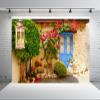 BELECO 15x10ft Fabric Greek Stone House Backdrop Greece Style Blue Wooden Door Bushes Flowers Background Greek Theme Party Decorations Kids Adults Photoshoot Studio Props view 2