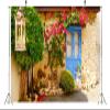 BELECO 15x10ft Fabric Greek Stone House Backdrop Greece Style Blue Wooden Door Bushes Flowers Background Greek Theme Party Decorations Kids Adults Photoshoot Studio Props view 3