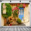 BELECO 15x10ft Fabric Greek Stone House Backdrop Greece Style Blue Wooden Door Bushes Flowers Background Greek Theme Party Decorations Kids Adults Photoshoot Studio Props view 4
