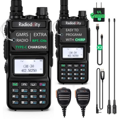 Radioddity GM-30 GMRS Radio Handheld 5W Long Range, GMRS Repeater Capable, Display SYNC. Ideal for Off-Road Overlanding. w/Programming Cable, 15.5 High Gain Antenna, 2 Pack (Chirp Competible)