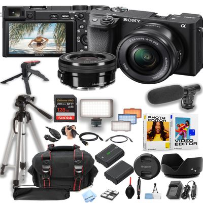 Sony a6400 Mirrorless Camera with 16-50mm Lens + 128GB Pro Speed Memory + Led Video Light + Microphone +Case + Tripod + Software Pack-Pro Video Bundle (Renewed)