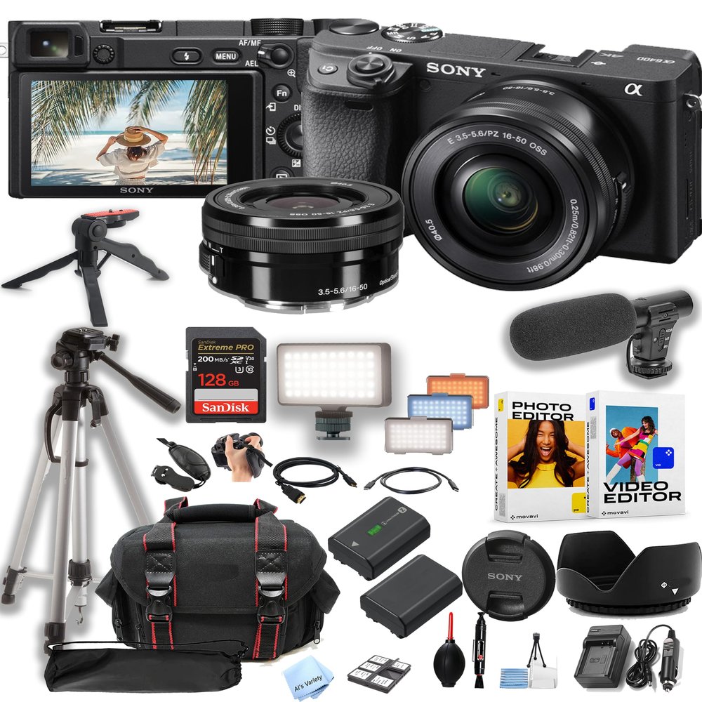 Sony a6400 Mirrorless Camera with 16-50mm Lens + 128GB Pro Speed Memory + Led Video Light + Microphone +Case + Tripod + Software Pack-Pro Video Bundle (Renewed)