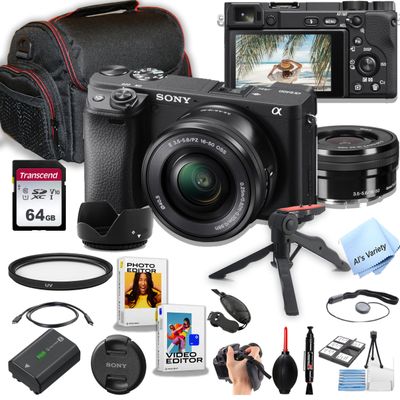Sony a6400 Mirrorless Camera with 16-50mm Lens + 64GB Memory, Case, Gripster Tripodpod, and More (26pc Bundle) (Renewed)
