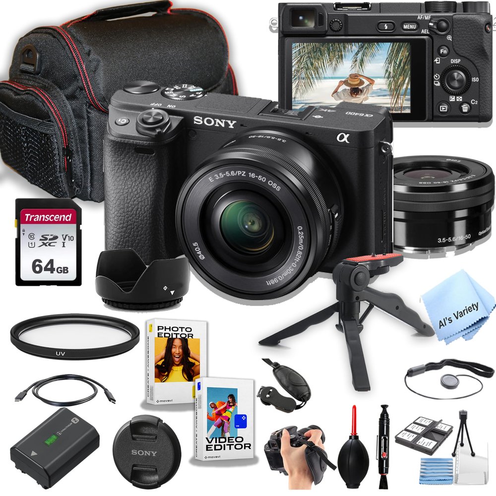 Sony a6400 Mirrorless Camera with 16-50mm Lens + 64GB Memory, Case, Gripster Tripodpod, and More (26pc Bundle) (Renewed)