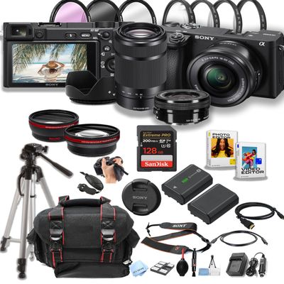 Sony a6400 Mirrorless Camera with16-50mm & 55-210mm Zoom Lenses + 128GB Pro Speed Memory + Case + Tripod + Software Pack -Proffesional Photo Bundle (Renewed)
