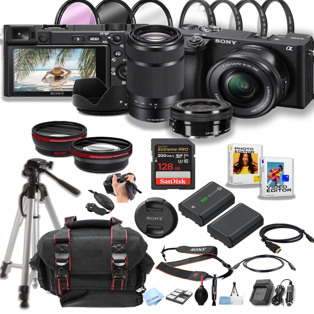 Sony a6400 Mirrorless Camera with16-50mm & 55-210mm Zoom Lenses + 128GB Pro Speed Memory + Case + Tripod + Software Pack -Proffesional Photo Bundle (Renewed)
