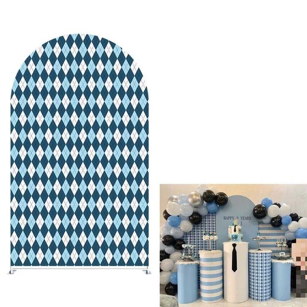 Ellteecz Baby Blue Plaid Rhomboid Arch Backdrop Cover for Boys Boss Patterns Birthday Party Arched Background Stand Stretchy Fabric Covers Parties Favors Decorations Banner 4x7FT
