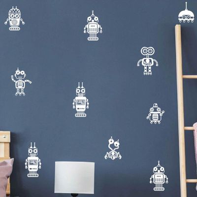 8 Robots Wall Decals for Kids Room Boys Bedroom Decor Geometric Wall Stickers Baby Room Decal Murals BB675 (White)