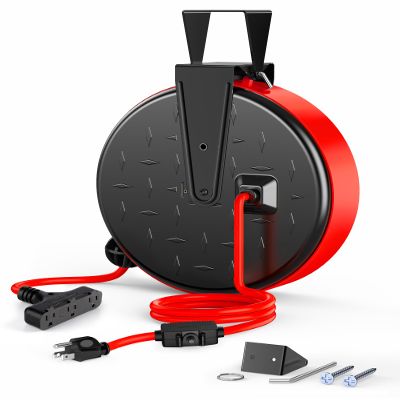 DEWENWILS 30FT Extension Cord Reel, 16/3 Gauge SJTW Power Cord, Retractable Cord Reel with 3 Outlets, Ceiling/Wall Mount for Garage, Workshop, 10A Circuit Breaker, Metal Plate, UL Listed, Red