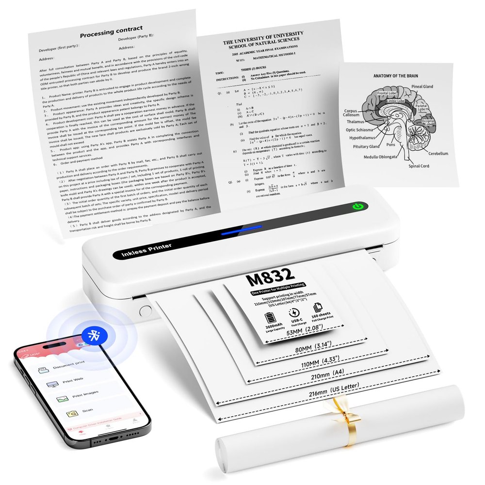 PhoFuta Portable Printer,Wireless Printers for Home Use, Office, School, Bluetooth Inkless Printer Support 8.5'' x 11'' US Letter, Thermal Printer Compatible with Tablet, Phone & PC, White