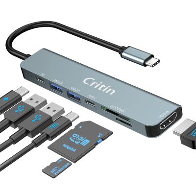 7-in-1 USB C Hub with 4K HD,100W PD ChargingUSB C Adapter for MacBook Pro/Air,Dell XPS,HP,Lenovo,iPad ProSteam Deck - 5Gbps Data Transfer,SD/TF Card Reader,Slim Portable Laptop Dongle