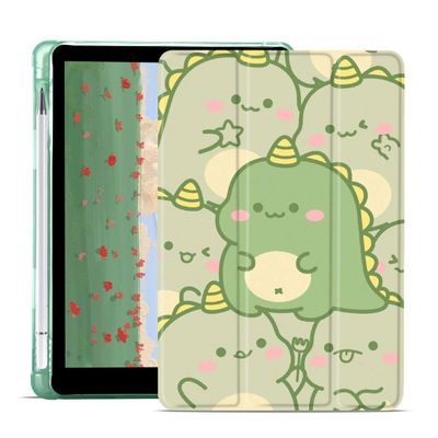JOYLAND Compatible with iPad Air 5 2022/iPad Air 4 2020 10.9 Inch Case with Pencil Holder, Cute Dinosaur Animal Pattern Green TPU Soft Back Trifold Stand Smart Cover, Auto Wake/Sleep