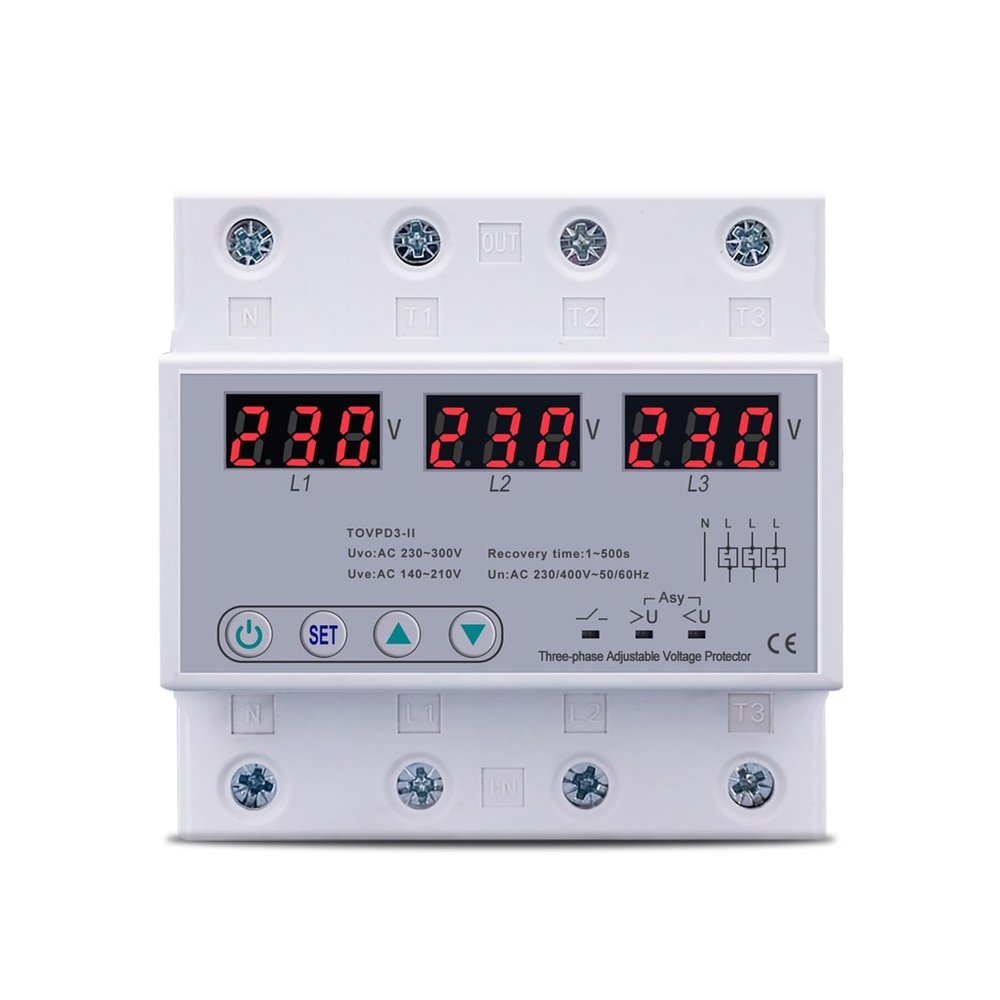 RWRAPS Three Phase Voltmeter Adjustable Over and Under Voltage Protector 3 Phase Automatic Recovery Protective Device Reset 63A 380V