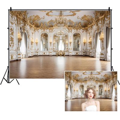 TTQYFNM 12x8ft Luxury Palace Backdrop White Golden Palace Hall Ballroom Chandelier Arch Windows Mirrors Photography Background for Wedding Ceremony Birthday Party Decor Portrait Photo Shoot Props