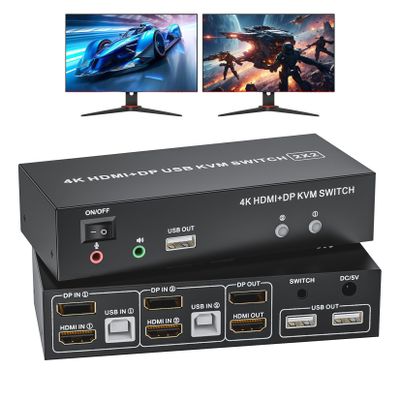 HDMI Displayport KVM Switch 2 Monitors 2 Computers, 4K@60Hz USB 2.0 DP 1.4 KVM Switch w/Audio Micro, Dual Monitor Supports Extended/Mirror Mode, 2-Port for 2 PC Share 1 Set of Keyboard Mouse Printer
