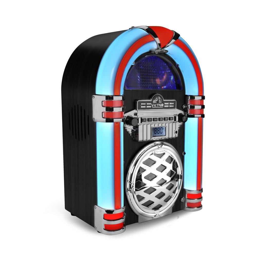 VICTOR Broadway Desktop Bluetooth Jukebox with CD Player, FM Radio, Built-in Stereo Speakers, and Color Changing LED Lighting, Mahogany (VDTJ-1550-MH)
