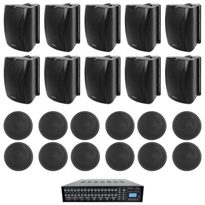 Rockville WET-6B Bundle: (10) 6.5" IP55 Black 70V Wall Speakers, (12) CCL6T Black 6" Ceiling Speakers, Rock Matrix 4 Zone 70V Commercial Amplifier w/Matrix Source Routing, for Restaurants, 23-Items