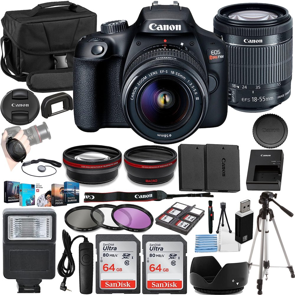 Canon Rebel T100 Vlogger Kit:EF-S 18-55mm is II Lens,128GB Memory,Tripod,3 Piece Filter Kit,Gadget Bag,Remote Shutter,USB Card Reader,Cleaning Kit & Software Package (Renewed)