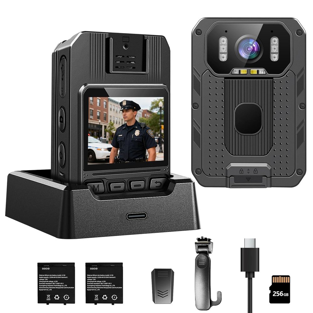 SYDYAM 4K Body Camera, 64GB Body Cam with Two 2350mAh Batteries Work 13-15H, Waterproof IP68 H.265 Video Code, Body Camera with Audio and Video Recording for Police Hiking Security Patrol