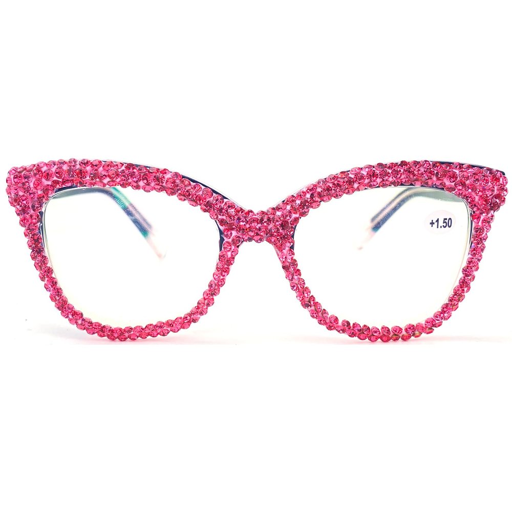 Sparkling Diamond Rhinestone Reading Glasses For Women Crystal Cat Eye Blue Light Blocking Magnification Eyeglasses (pink, Magnification 2.25)