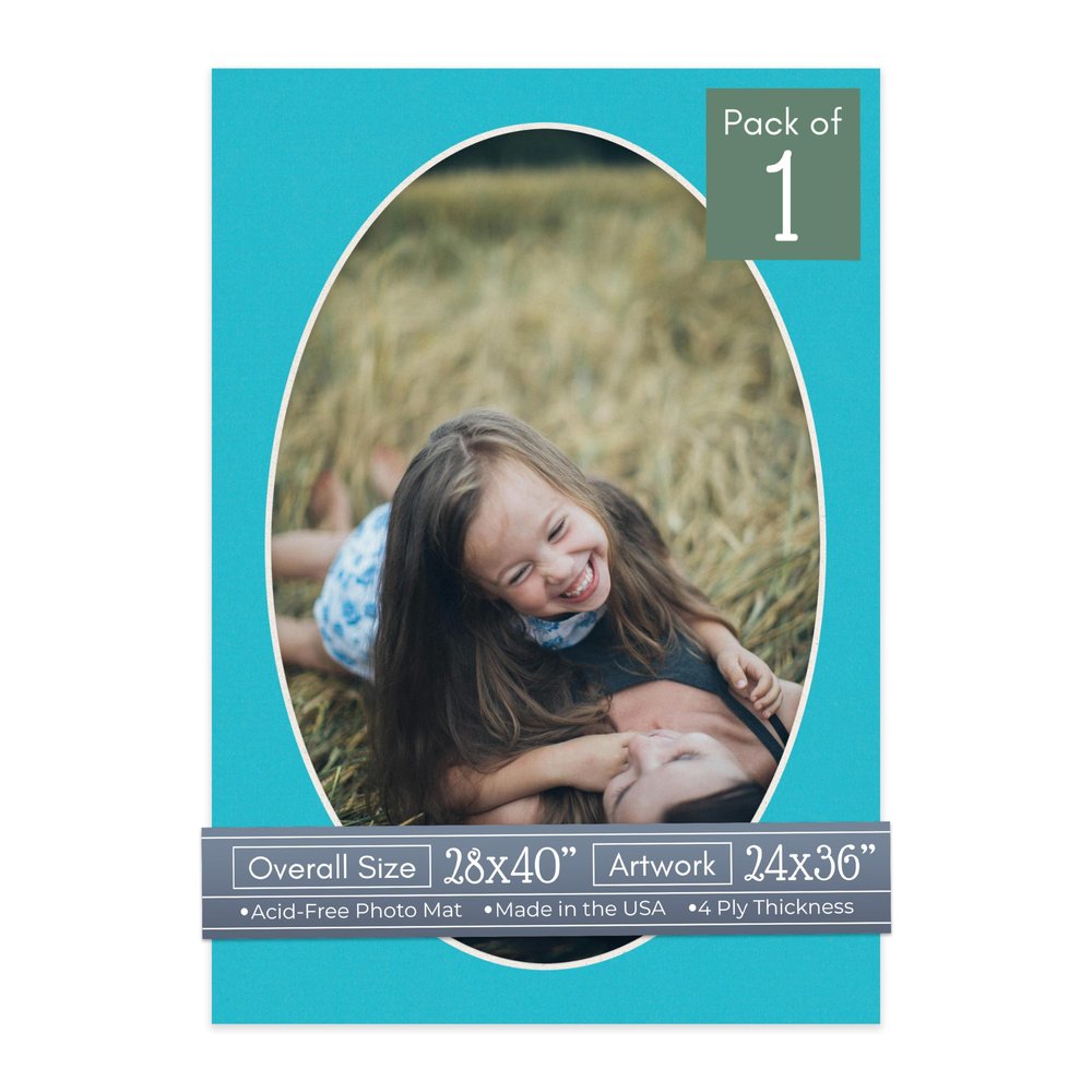 CountryArtHouse Aquamarine Blue Acid Free 28x40 Oval Picture Frame Mat with White Core Bevel Cut for 24x36 Pictures - Fits 28x40 Frame - Pack of 1 Matboard Show Kit with Acid Free Backing & Clear Bag