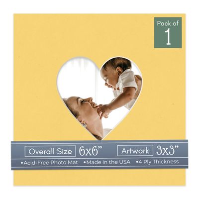 CountryArtHouse Chamois Yellow Acid Free 6x6 Heart Picture Frame Mat with White Core Bevel Cut for 3x3 Pictures - Fits 6x6 Frame - Pack of 1 Matboard Show Kit with Acid Free Backing & Clear Bag