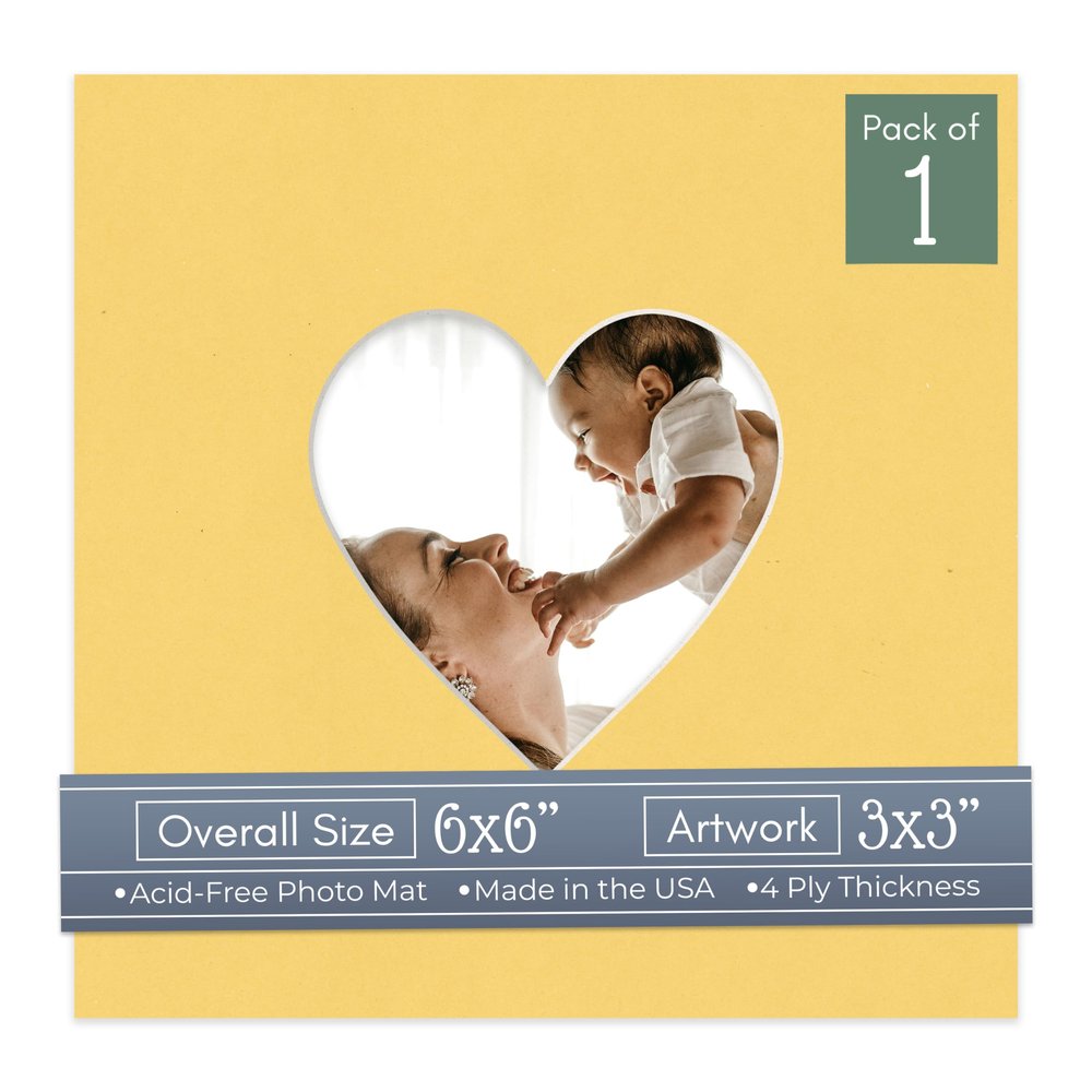 CountryArtHouse Chamois Yellow Acid Free 6x6 Heart Picture Frame Mat with White Core Bevel Cut for 3x3 Pictures - Fits 6x6 Frame - Pack of 1 Matboard Show Kit with Acid Free Backing & Clear Bag