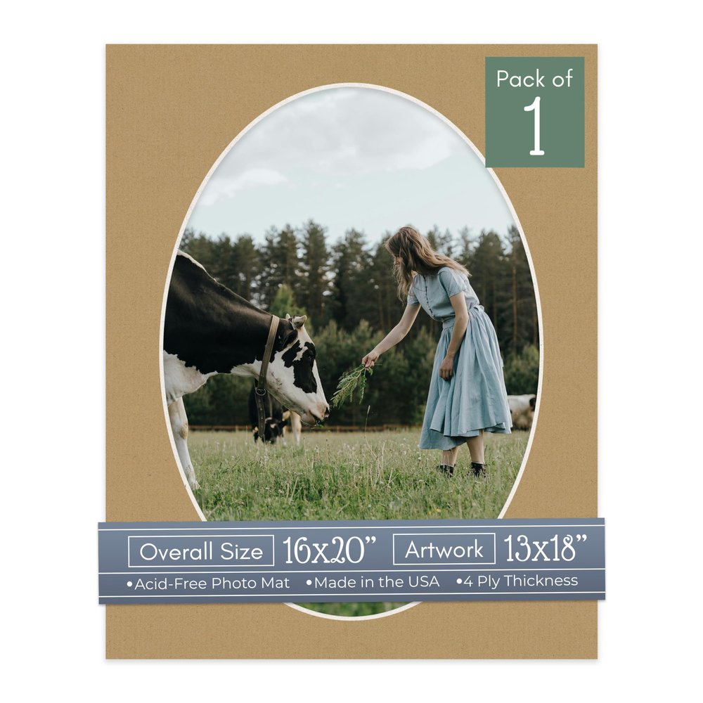 CountryArtHouse Rattan Beige Acid Free 16x20 Oval Picture Frame Mat with White Core Bevel Cut for 13x18 Pictures - Fits 16x20 Frame - Pack of 1 Matboard Show Kit with Acid Free Backing & Clear Bag