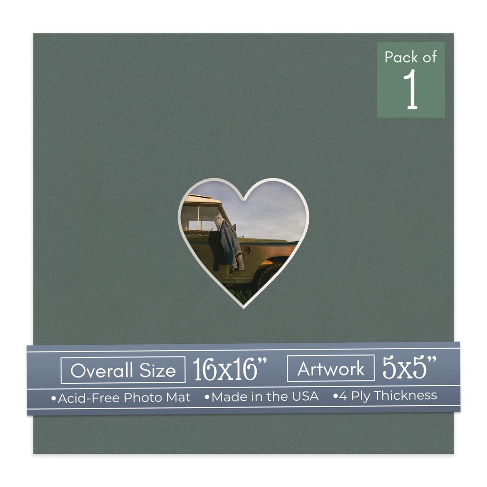 CountryArtHouse Charcoal Acid Free 16x16 Heart Picture Frame Mat with White Core Bevel Cut for 5x5 Pictures - Fits 16x16 Frame - Pack of 1 Matboard Show Kit with Acid Free Backing & Clear Bag