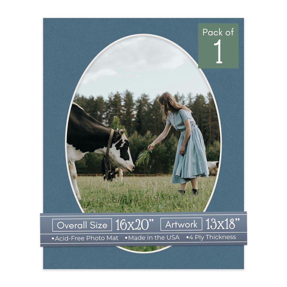 CountryArtHouse Steel Blue Acid Free 16x20 Oval Picture Frame Mat with White Core Bevel Cut for 13x18 Pictures - Fits 16x20 Frame - Pack of 1 Matboard Show Kit with Acid Free Backing & Clear Bag