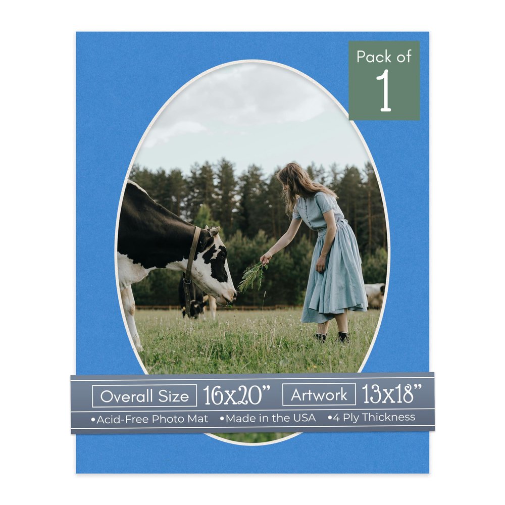 CountryArtHouse Bay Blue Acid Free 16x20 Oval Picture Frame Mat with White Core Bevel Cut for 13x18 Pictures - Fits 16x20 Frame - Pack of 1 Matboard Show Kit with Acid Free Backing & Clear Bag