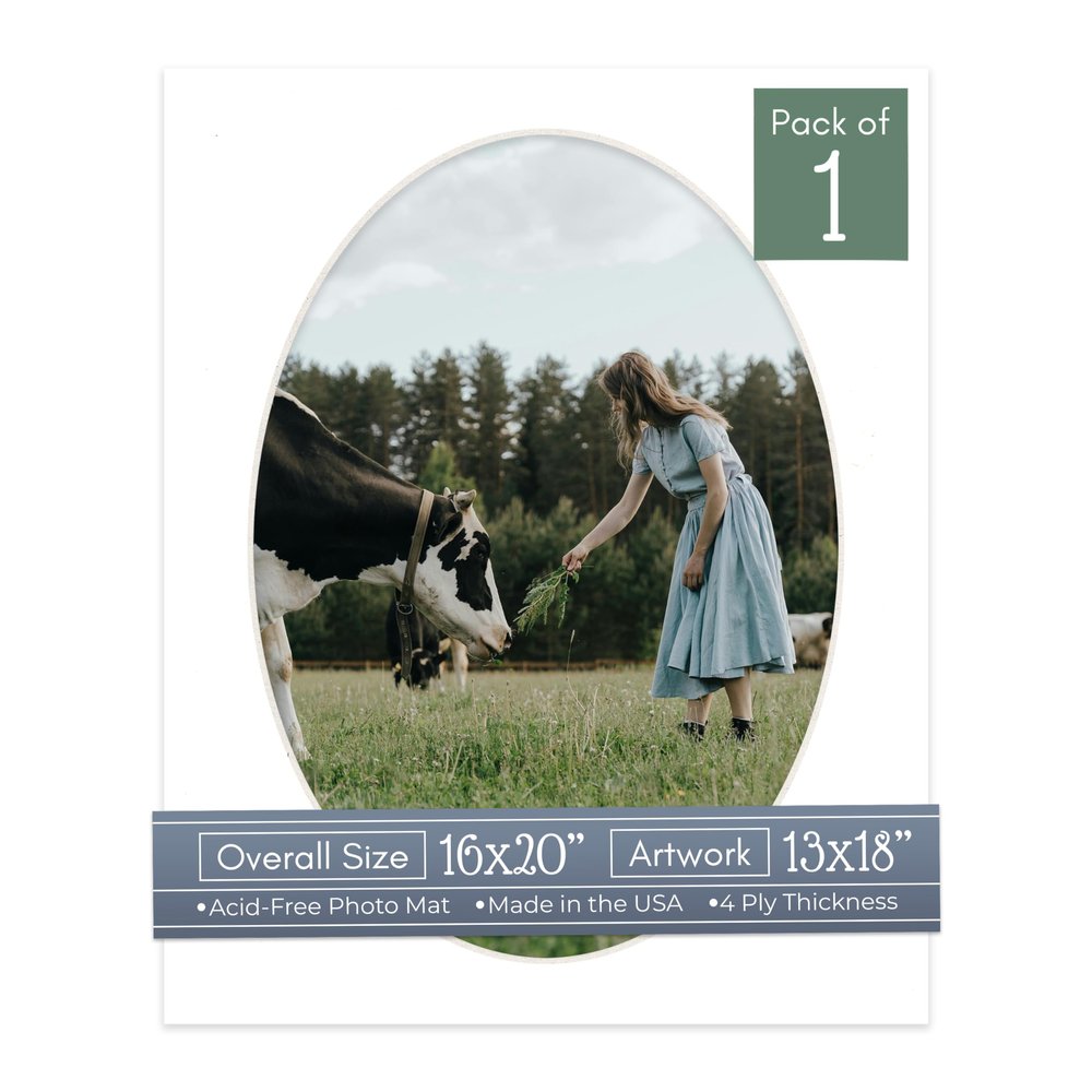 CountryArtHouse Textured White Acid Free 16x20 Oval Picture Frame Mat with White Core Bevel Cut for 13x18 Pictures - Fits 16x20 Frame - Pack of 1 Matboard Show Kit with Acid Free Backing & Clear Bag