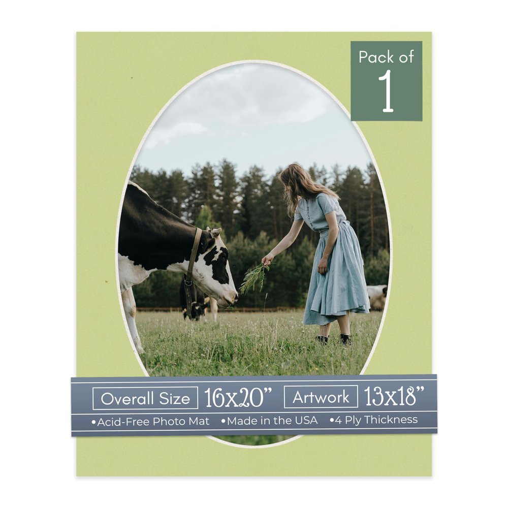 CountryArtHouse Pistachio Green Acid Free 16x20 Oval Picture Frame Mat with White Core Bevel Cut for 13x18 Pictures - Fits 16x20 Frame - Pack of 1 Matboard Show Kit with Acid Free Backing & Clear Bag