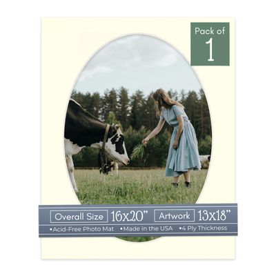 CountryArtHouse Textured Cream Acid Free 16x20 Oval Picture Frame Mat with White Core Bevel Cut for 13x18 Pictures - Fits 16x20 Frame - Pack of 1 Matboard Show Kit with Acid Free Backing & Clear Bag
