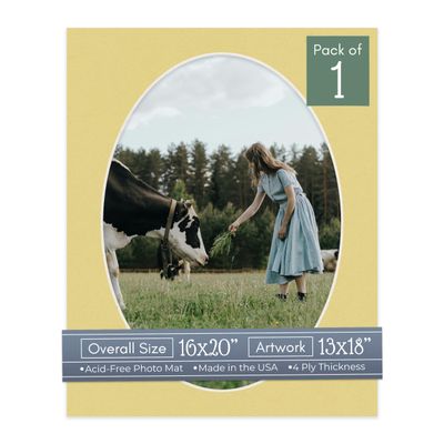 CountryArtHouse Soft Yellow Acid Free 16x20 Oval Picture Frame Mat with White Core Bevel Cut for 13x18 Pictures - Fits 16x20 Frame - Pack of 1 Matboard Show Kit with Acid Free Backing & Clear Bag