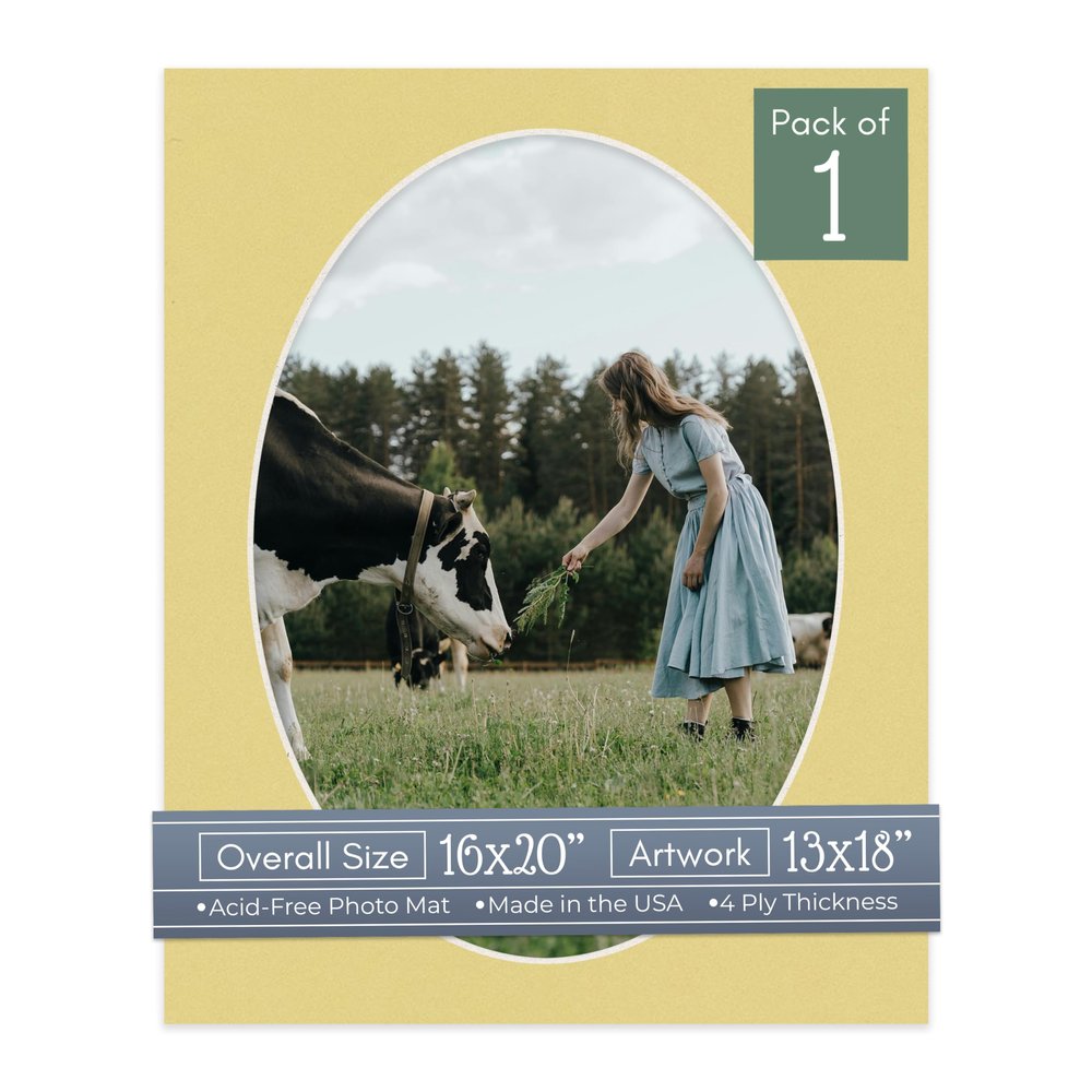 CountryArtHouse Soft Yellow Acid Free 16x20 Oval Picture Frame Mat with White Core Bevel Cut for 13x18 Pictures - Fits 16x20 Frame - Pack of 1 Matboard Show Kit with Acid Free Backing & Clear Bag