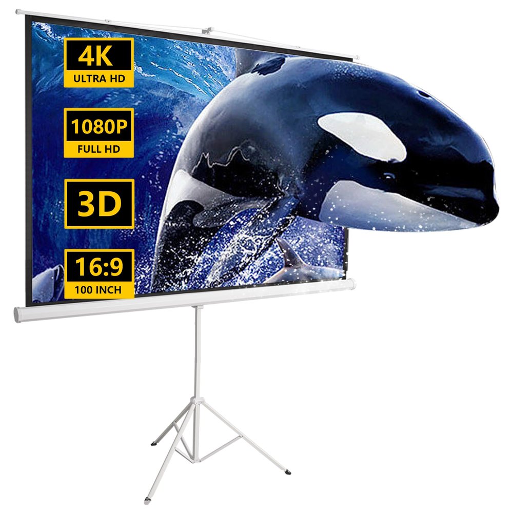 100" Projector Screen Pull Down, Projector Screen with Stand, Outdoor Projection Screen, 16:9 4K HD Home Theater Projection Screen Portable, Wrinkle-Free