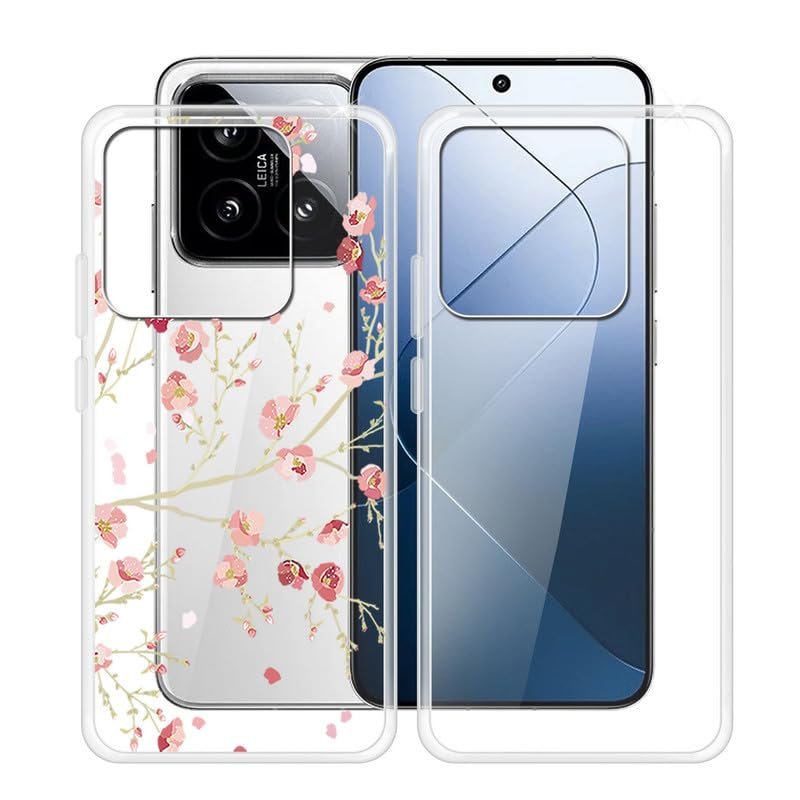 ZXLZKQ Phone Case for Xiaomi 14 (6.36"), 2 Pack Ultra-Thin Silicone Shell, [Anti-Yellowing X Shockproof] Soft TPU Clear Cover for Xiaomi 14 - Clear + Camellia