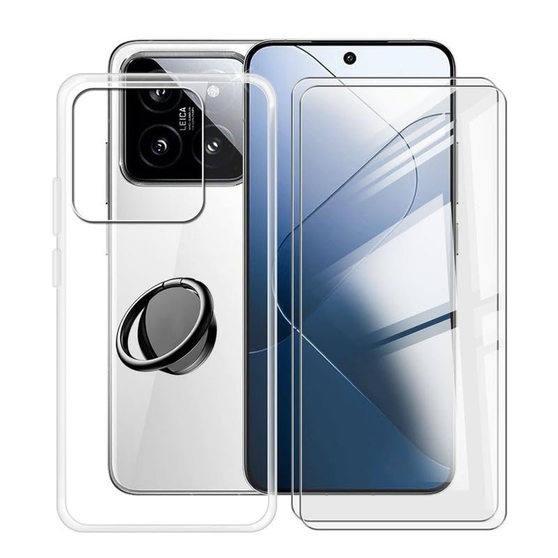 ZXLZKQ Clear Case for Xiaomi 14 (6.36") with 2 X Screen Protector + 360 Magnetic Ring Holder, Slim Shockproof Protective Cover Soft Silicone Phone Case for Xiaomi 14