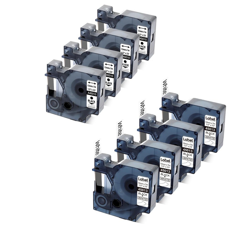4 Pack Clear + 4 Pack White Compatible with DYMO D1 Label Tape 12mm 0.47" Work with DYMO LabelManager 160 210D 420P PnP 220P 360D 450 210D Dymo ColorPOP