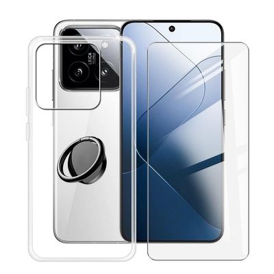 ZXLZKQ Clear Case for Xiaomi 14 (6.36") with 1 x Tempered Glass +360 Cell Phone Metal Ring Holder, Slim Soft Silicone Military Grade Shockproof TPU Cover for Xiaomi 14