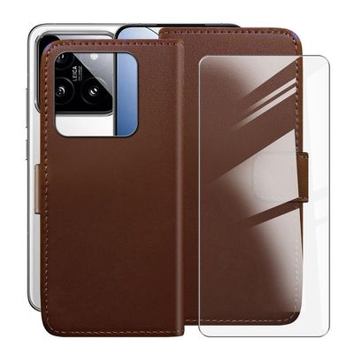 ZXLZKQ Wallet Case for Xiaomi 14 (6.36") with 1 X Tempered Glass Protective Film, Flip PU Leather Multi-Angle Stand Shell, with Shockproof Soft TPU Lining Phone Cover - Brown