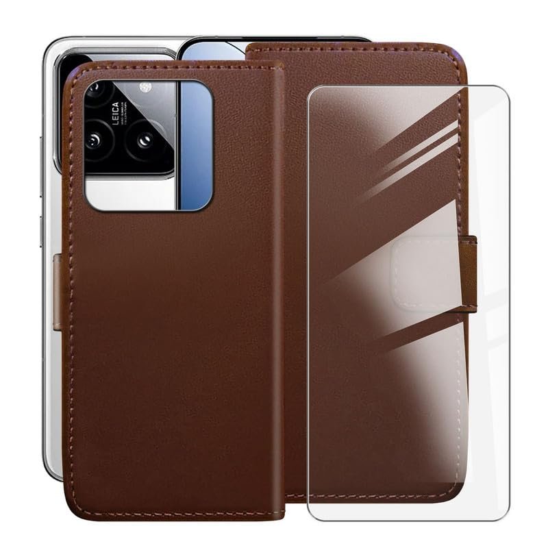 ZXLZKQ Wallet Case for Xiaomi 14 (6.36") with 1 X Tempered Glass Protective Film, Flip PU Leather Multi-Angle Stand Shell, with Shockproof Soft TPU Lining Phone Cover - Brown