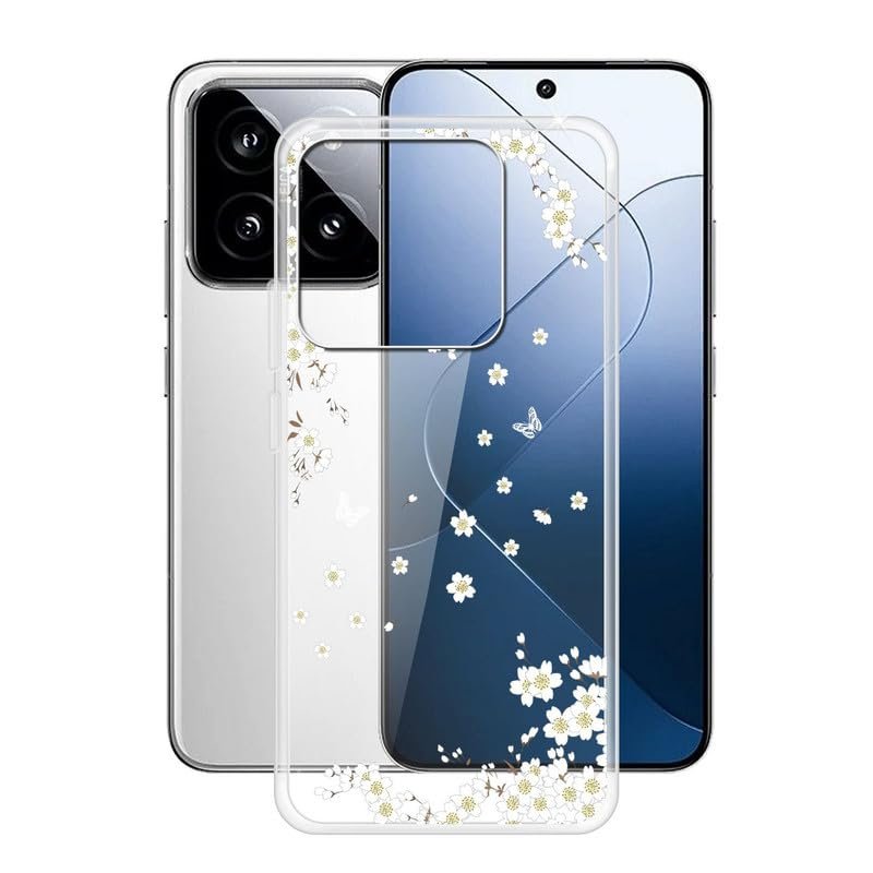 ZXLZKQ Phone Case for Xiaomi 14 (6.36"), Clear TPU Soft Silicone Cover [Ultra-Thin X Anti Yellow] Shockproof Anti-Drop Protective Shell Cover for Xiaomi 14 - White Flower
