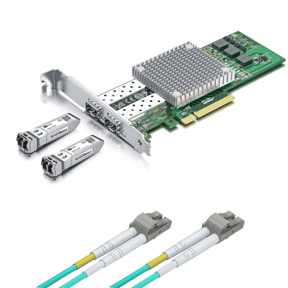 2 Pack 10Gbase-SR Modules with 10Gb SFP+ PCI-E NIC and 2M OM3 LC to LC Fiber Patch Cable, 10G MultiMode SFP+ LC Fiber Transceiver, Broadcom BCM57810S Network Card, Dual SFP+ Ports, PCI Express X8